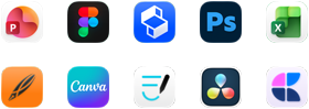 Ti appsymboler på to rækker: PowerPoint, Figma, Shapr3D, Photoshop, Excel, Linearity, Canva, GoodNotes, DaVinci Resolve og Craft