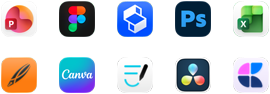 Ti appsymboler på to rækker: PowerPoint, Figma, Shapr3D, Photoshop, Excel, Linearity, Canva, GoodNotes, DaVinci Resolve og Craft
