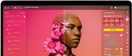 MacBook Pro-skærm viser et billede af en person, der bliver redigeret i Pixelmator Pro