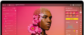 MacBook Pro-skærm viser et billede af en person, der bliver redigeret i Pixelmator Pro