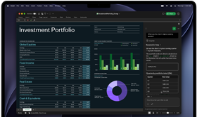 MacBook Pro-skærm viser Excel-regneark med data for en investeringsportefølje, grønt søjlediagram, lilla donutdiagram og Copilot-sidepanel med kvartalsvise oversigter