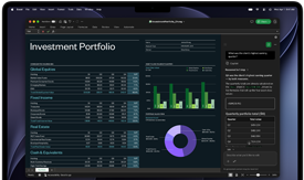 MacBook Pro-skærm viser Excel-regneark med data for en investeringsportefølje, grønt søjlediagram, lilla donutdiagram og Copilot-sidepanel med kvartalsvise oversigter