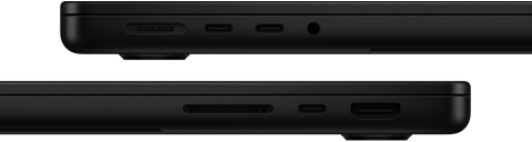 Visning af portene på MacBook Pro. I venstre side er der en MagSafe-port, to Thunderbolt-porte og et jackstik til hovedtelefoner. I højre side er der en SDXC-kortplads, en Thunderbolt-port og en HDMI-port