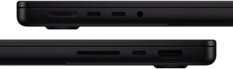 Visning af portene på MacBook Pro. I venstre side er der en MagSafe-port, to Thunderbolt-porte og et jackstik til hovedtelefoner. I højre side er der en SDXC-kortplads, en Thunderbolt-port og en HDMI-port