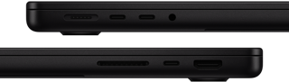 Visning af portene på MacBook Pro. I venstre side er der en MagSafe-port, to Thunderbolt-porte og et jackstik til hovedtelefoner. I højre side er der en SDXC-kortplads, en Thunderbolt-port og en HDMI-port