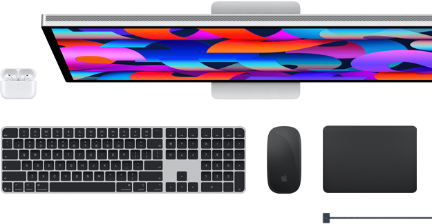 Tilbehør til Mac: AirPods, Studio Display, Magic Keyboard, Magic Mouse, Magic Trackpad, MagSafe-opladerkabel