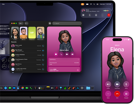 MacBook Pro og iPhone, Telefon-appen er åben, og den samme kontakt vises på begge skærme