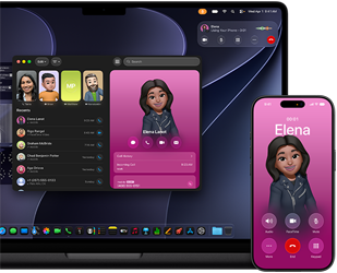 MacBook Pro og iPhone, Telefon-appen er åben, og den samme kontakt vises på begge skærme