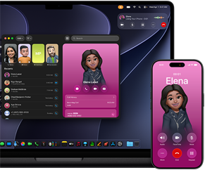 MacBook Pro og iPhone, Telefon-appen er åben, og den samme kontakt vises på begge skærme
