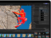 MacBook Pro, Final Cut Pro, Auto Mask-panel, kategorien Personer er valgt, yderligere kategorier: hud, hud og ansigt, hår, mund, en klatrer i røde nuancer, der bestiger en klippe med blå himmel i baggrunden