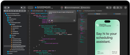 MacBook Pro med Xcode, redigeringsværktøj viser en kommentar med teksten Connect the app to Apple Intelligence, iPhone-preview, appen Quantum College Hospital og følgende tekst: Say hi to your scheduling assistant samt knapperne: View open shifts og Swap my next shift
