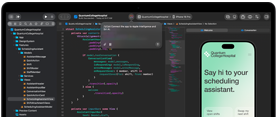 MacBook Pro med Xcode, redigeringsværktøj viser en kommentar med teksten Connect the app to Apple Intelligence, iPhone-preview, appen Quantum College Hospital og følgende tekst: Say hi to your scheduling assistant samt knapperne: View open shifts og Swap my next shift
