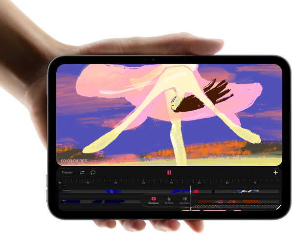 iPad mini vist forfra i en hånd, skærmen viser en brugerflade til videoredigering med farverige klip, A20 Pro-chippen nævnes herunder