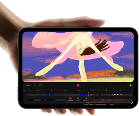iPad mini vist forfra i en hånd, skærmen viser en brugerflade til videoredigering med farverige klip, A20 Pro-chippen nævnes herunder