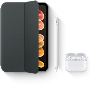 iPad mini vist med kompatibelt tilbehør, herunder Smart Folio til iPad mini (A20 Pro), Apple Pencil (USB-C) og AirPods Pro 3