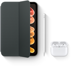 iPad mini vist med kompatibelt tilbehør, herunder Smart Folio til iPad mini (A20 Pro), Apple Pencil (USB-C) og AirPods Pro 3