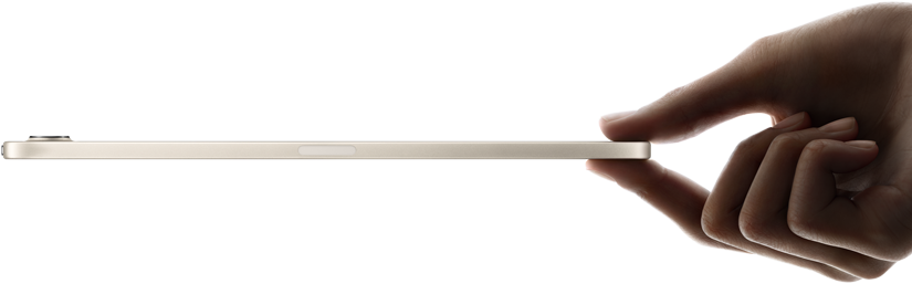iPad mini vist fra siden, holdes i hånden, tyndt og let design