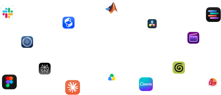 Forskellige appikoner er arrangeret rundt om en tekst, som lyder: Apps er flyvende med macOS