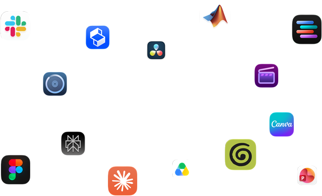 Forskellige appikoner er arrangeret rundt om en tekst, som lyder: Apps er flyvende med macOS
