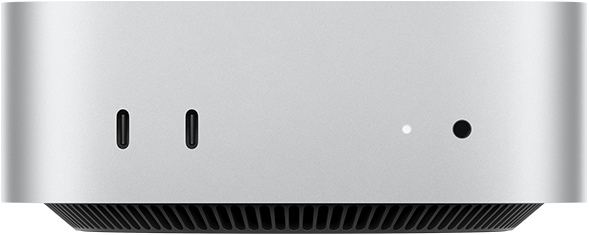 Sølvfarvet Mac mini vist forfra med to Thunderbolt-porte, statusindikatorlys og jackstik til hovedtelefoner, konisk sort bund, plan overside, afrundede sider og lige kanter