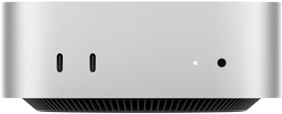 Sølvfarvet Mac mini vist forfra med to Thunderbolt-porte, statusindikatorlys og jackstik til hovedtelefoner, konisk sort bund, plan overside, afrundede sider og lige kanter