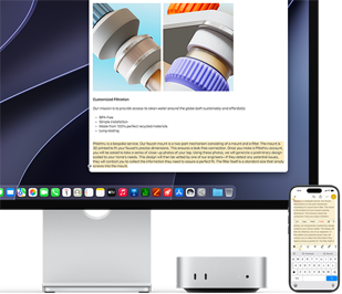 Mac mini vist forfra placeret under Studio Display, til højre er placeret en iPhone med markeret tekst på skærmen med kommandoerne klip ud, kopiér, indsæt og Autoudfyld. Teksten matcher den markerede tekst på Studio Display-skærmen for at demonstrere Universel udklipsholder