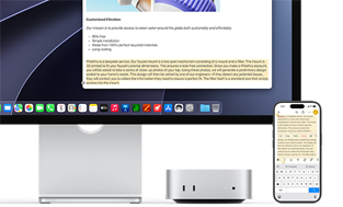 Mac mini vist forfra placeret under Studio Display, til højre er placeret en iPhone med markeret tekst på skærmen med kommandoerne klip ud, kopiér, indsæt og Autoudfyld. Teksten matcher den markerede tekst på Studio Display-skærmen for at demonstrere Universel udklipsholder