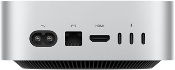 Mac mini vist bagfra med strømstik, Ethernet-port, HDMI-port og tre Thunderbolt-porte