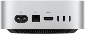 Mac mini vist bagfra med strømstik, Ethernet-port, HDMI-port og tre Thunderbolt-porte