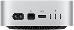 Mac mini vist bagfra med strømstik, Ethernet-port, HDMI-port og tre Thunderbolt-porte