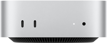Mac mini vist forfra, sølvfarvet kabinet, to USB-C-porte, afbryderknap, statuslys, ventilationsgitter nederst