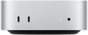 Mac mini vist forfra, sølvfarvet kabinet, to USB-C-porte, afbryderknap, statuslys, ventilationsgitter nederst