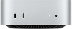 Mac mini vist forfra, sølvfarvet kabinet, to USB-C-porte, afbryderknap, statuslys, ventilationsgitter nederst