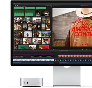 Mac mini tilsluttet Studio Display, skærmen viser titlen fra filmen Black American Cowboy til højre, flere stillbilleder til venstre