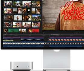 Mac mini tilsluttet Studio Display, skærmen viser titlen fra filmen Black American Cowboy til højre, flere stillbilleder til venstre