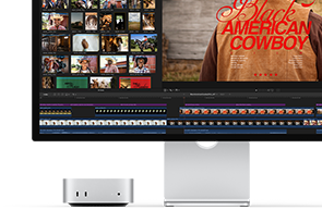 Mac mini tilsluttet Studio Display, skærmen viser titlen fra filmen Black American Cowboy til højre, flere stillbilleder til venstre