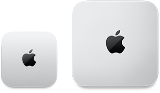 Billede ovenfra af to Mac mini-enheder i sølvfarvet aluminium med afrundede hjørner og skinnende sorte Apple-logoer i midten. Enheden til venstre er den nyeste version og mindre end halvt så stor som enheden til højre