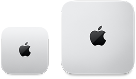 Billede ovenfra af to Mac mini-enheder i sølvfarvet aluminium med afrundede hjørner og skinnende sorte Apple-logoer i midten. Enheden til venstre er den nyeste version og mindre end halvt så stor som enheden til højre