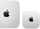 Billede ovenfra af to Mac mini-enheder i sølvfarvet aluminium med afrundede hjørner og skinnende sorte Apple-logoer i midten. Enheden til venstre er den nyeste version og mindre end halvt så stor som enheden til højre