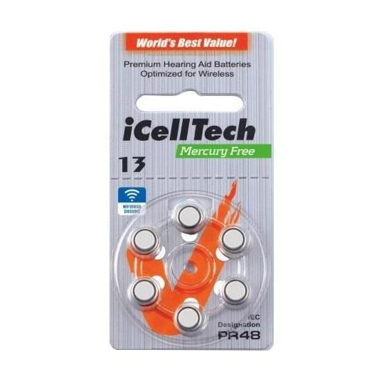 iCellTech 13 PR48  Zinc-Air, Mercury free, 1.1V, 6-pack
