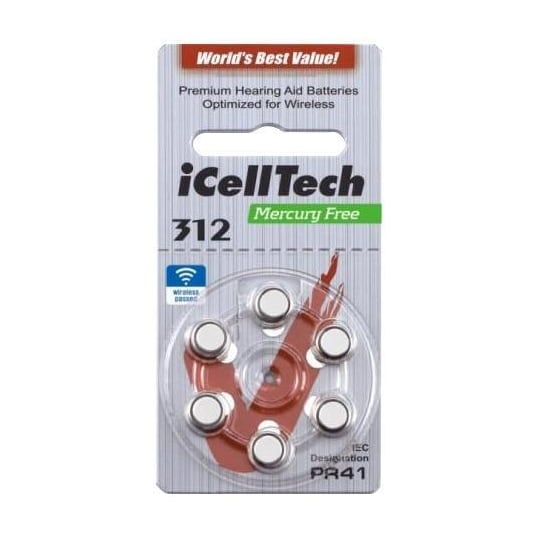 iCellTech 312 PR41 Zinc-Air batteries, Mercury Free, 1.1V, 6-pack