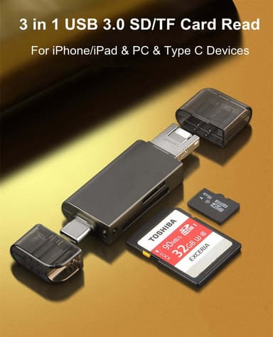 NÖRDIC OTG kortlæser 3 i 1 USB-C + Lightning + USB-A 3.0 understøttelse af SD / TF Micro SD Op til 2TB 5Gbps