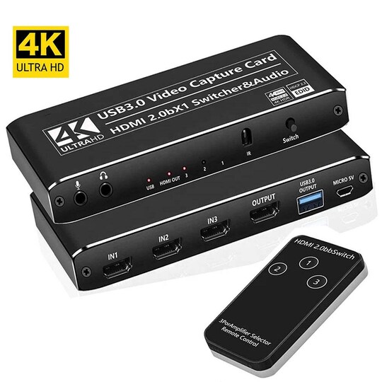 NÖRDIC HDMI Switch 3 til 1 med Video Capture Card HDMI2.0 4K60Hz USB3.1 Mikrofon og lydudgang HDMI Signal Loop Out HDR HDCP2.2 EDID RGB8: 8: 8