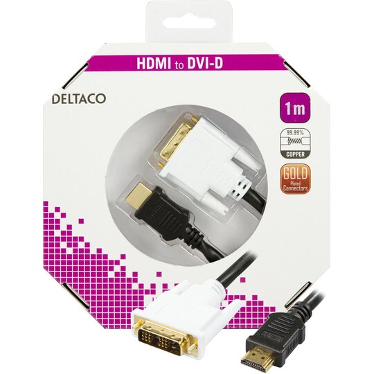 DELTACO HDMI til DVI kabel, 19-pinhanDVI- D Single Link, 1m, sort/hvid