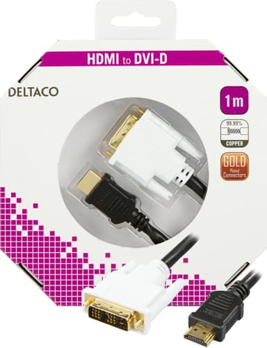 DELTACO HDMI til DVI kabel, 19-pinhanDVI- D Single Link, 1m, sort/hvid