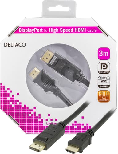 DELTACO DisplayPort til HDMI monitorkabel med lyd, 20-pin han - 19-pin