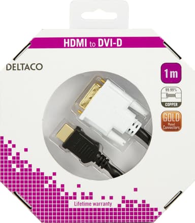 DELTACO HDMI til DVI kabel, 19-pinhanDVI- D Single Link, 1m, sort/hvid