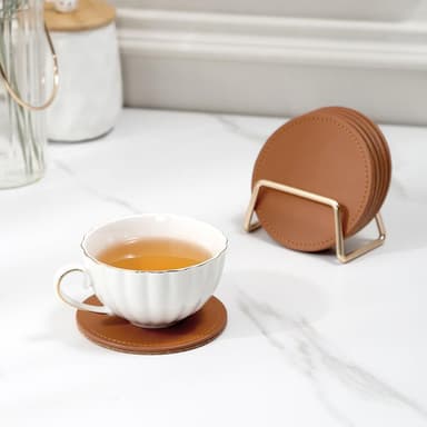 Runde glasbrikker 6 stk med holder Brun