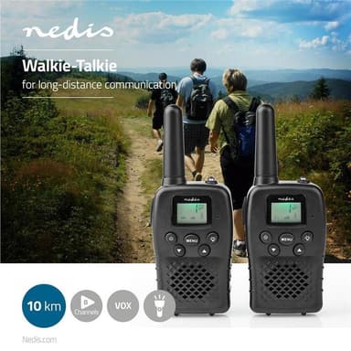Nedis Walkie-talkie Set | 2 Håndsæt | Op til 10 km | Frekvens kanaler: 8 | PTT / VOX | Op til 3 Timer | Sort