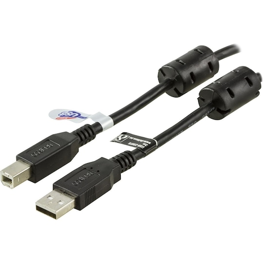 DELTACO USB 2.0 kabel Type A han - Type B han, ferrikerner, 3m, sort